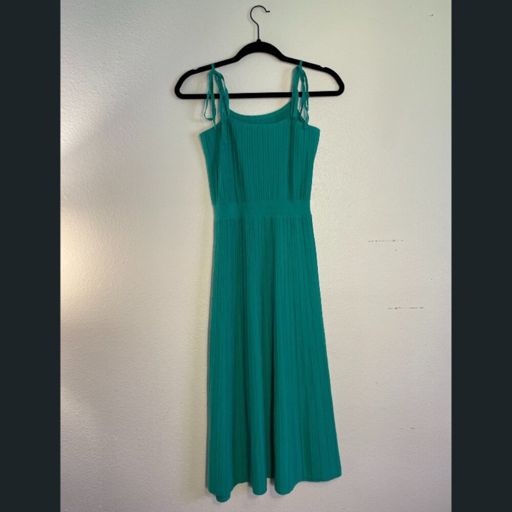Green Ribbed Knit Midi Dress with Tie Straps